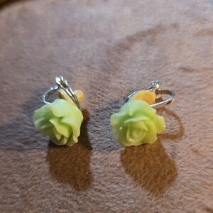 Vintage Green Rose Clip On Earrings